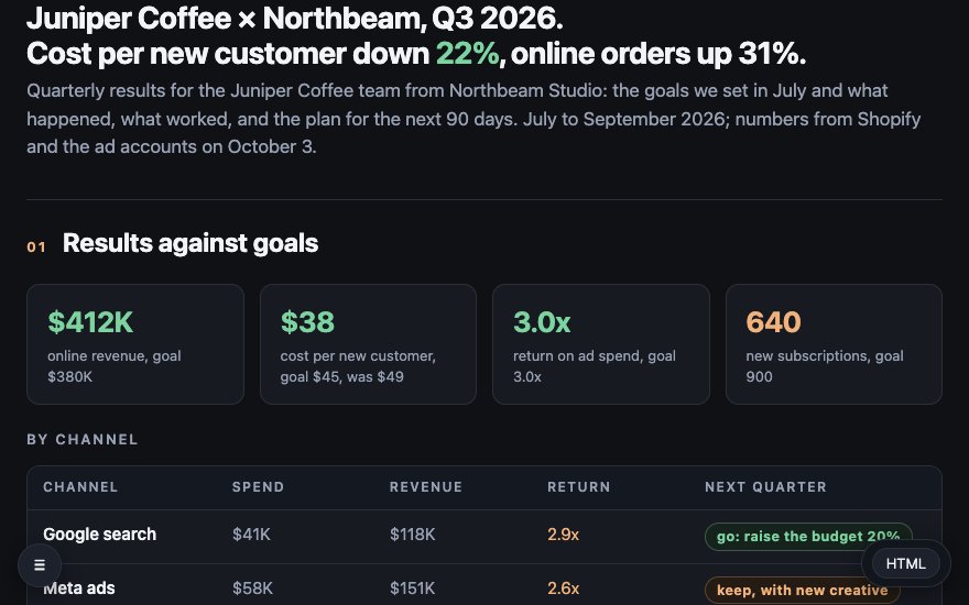 Quarterly client results report page: revenue, cost per customer, return on ad spend and subscriptions against goals, then spend and return by channel