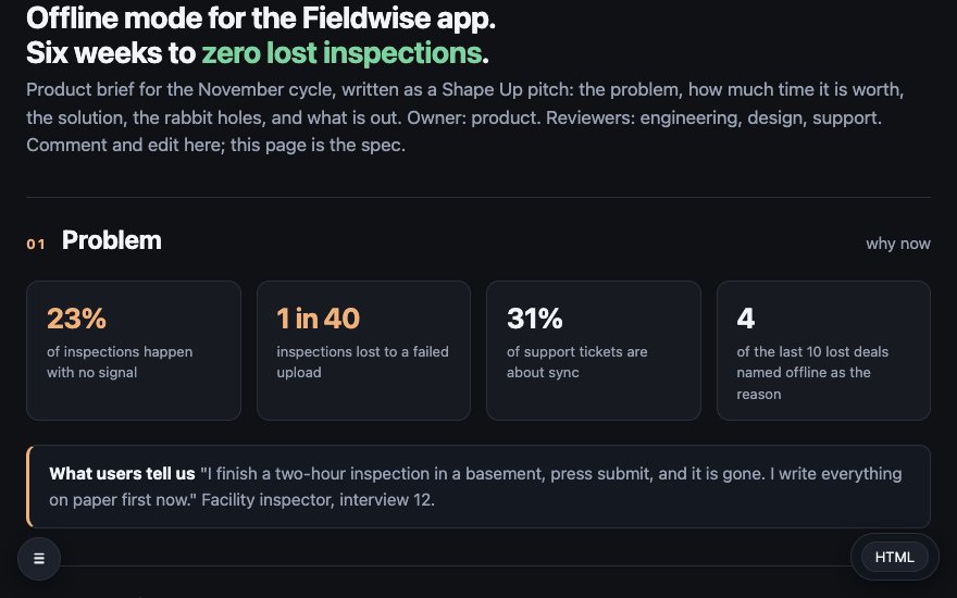 Product brief page written as a Shape Up pitch: the problem in four stats and a user quote in a callout