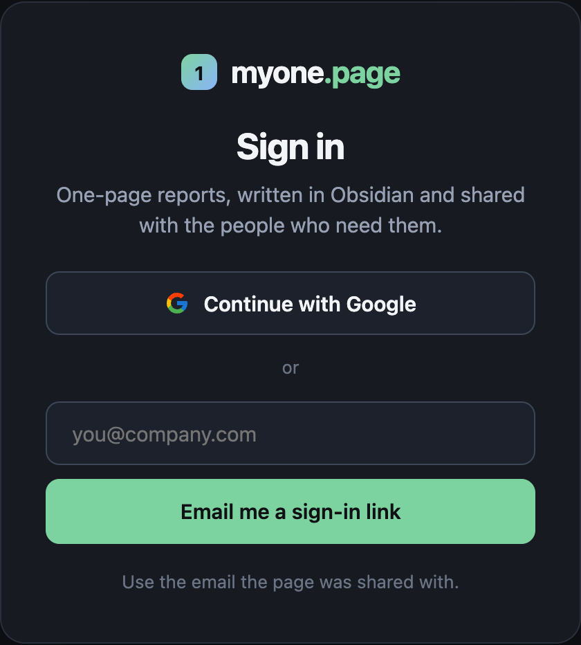 The myone.page sign-in screen a reader sees: Continue with Google, or email me a sign-in link